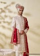 Cream Sherwani Set In Silk With Embroidered Dupatta